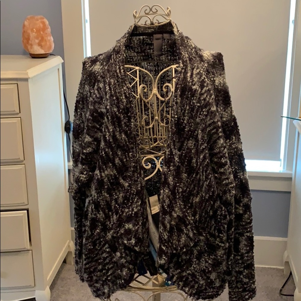 Black, Gray, and White Knitted Cardigan